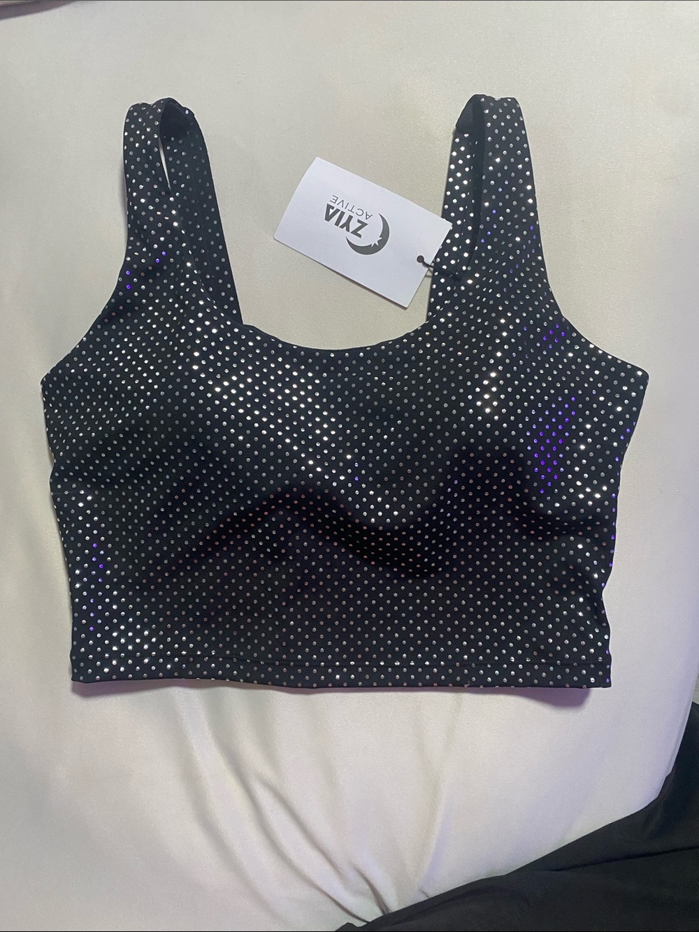 Active USA Black Sparkle Polka-Dot Crop Sports Bra